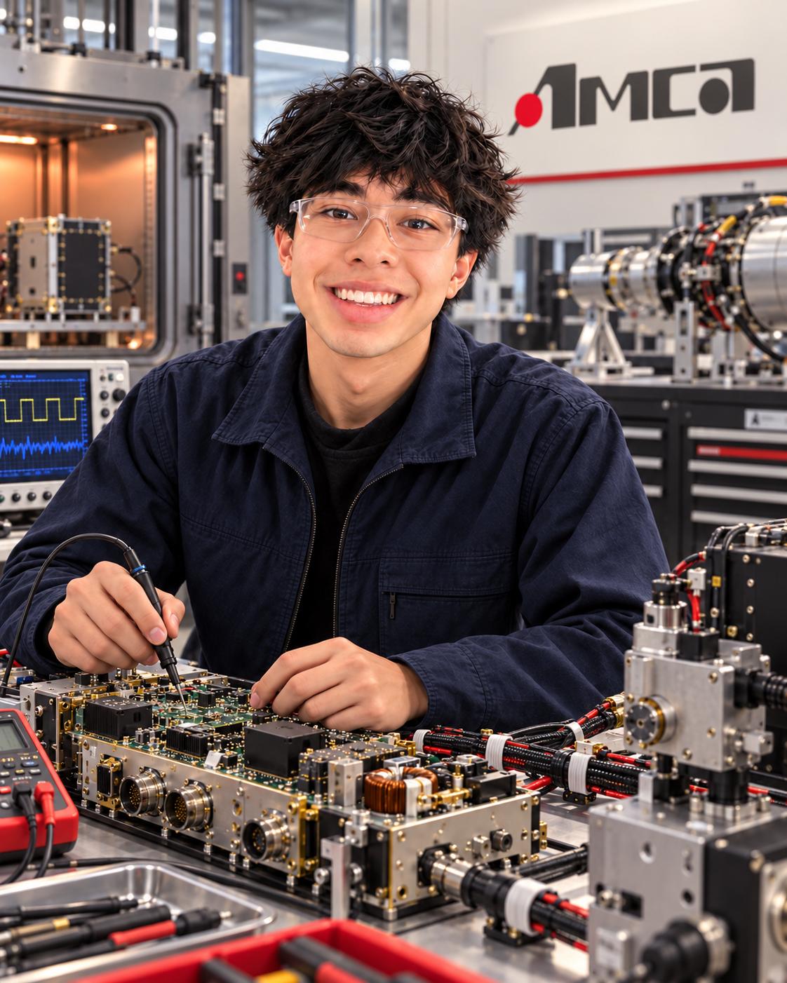 Nayel Rehman debugging aerospace electrical hardware on a lab bench